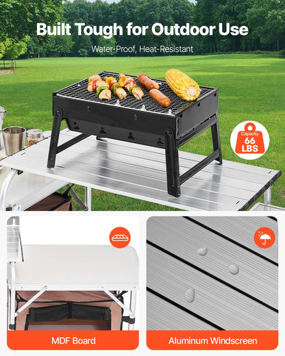 Outdoor 2-Tier Kitchen with Zippered Bag, Portable Folding Cook Table for BBQ, Party and Camping, Brown
