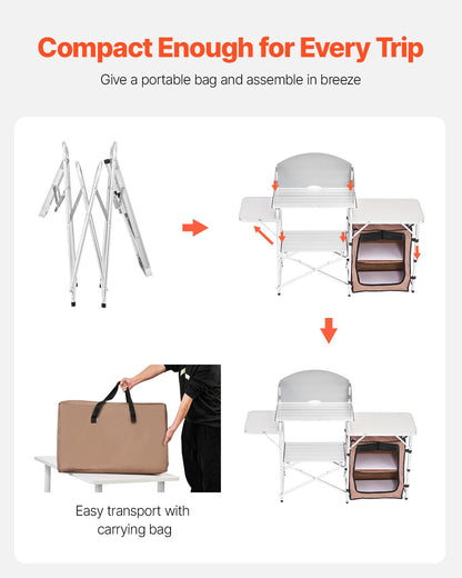 Outdoor 2-Tier Kitchen with Zippered Bag, Portable Folding Cook Table for BBQ, Party and Camping, Brown