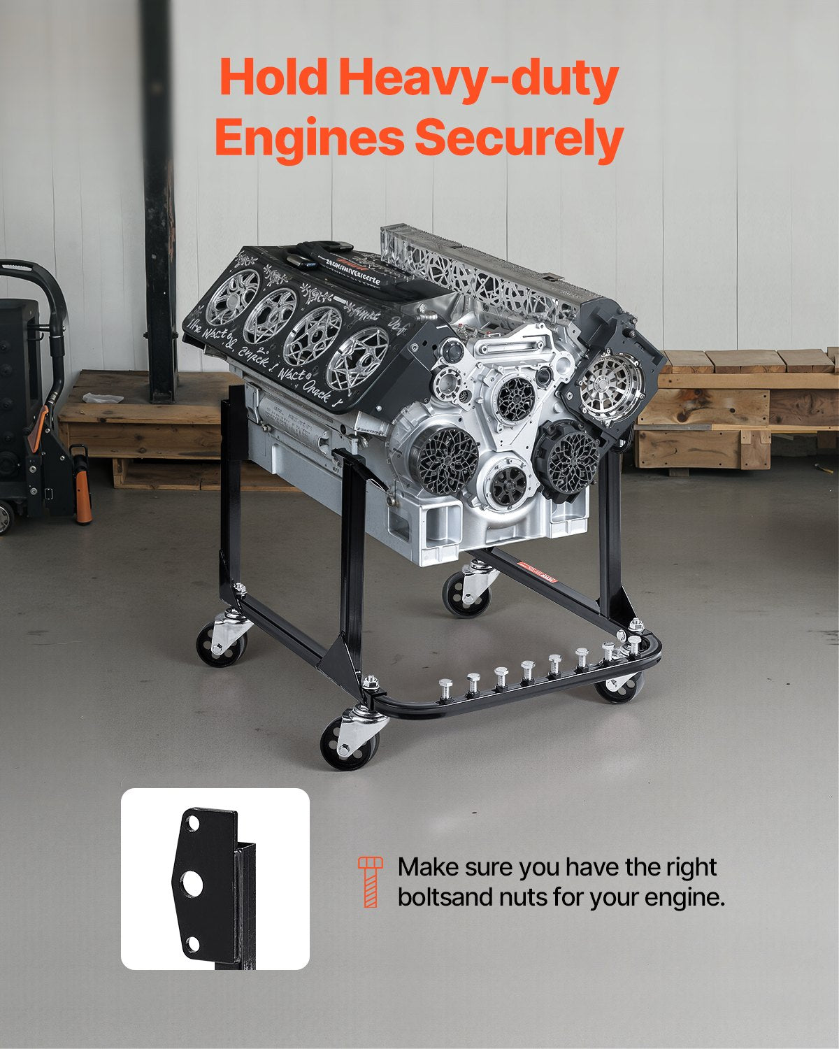 Engine Stand, 750 LBS Load Capacity Engine Motor Stand, Heavy-Duty Steel Motor Holder with 4 Swivel Casters and 4 Hook Positions, Suitable for BB-CHEVY and GEN-1 SB-CHEVY Engines