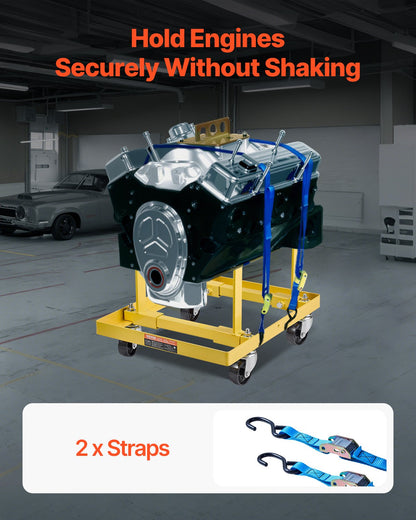 Engine Stand, 750 LBS Load Capacity Engine Motor Stand with Adjustable Width & Length, Heavy-Duty Steel Motor Holder with 4 Swivel Casters and 2 Ratchet Straps, Suitable for Most Engines