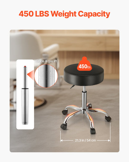 Rund Rullande Pall Svängbar Arbetspall med Hjul Höjdjusterbar Svart