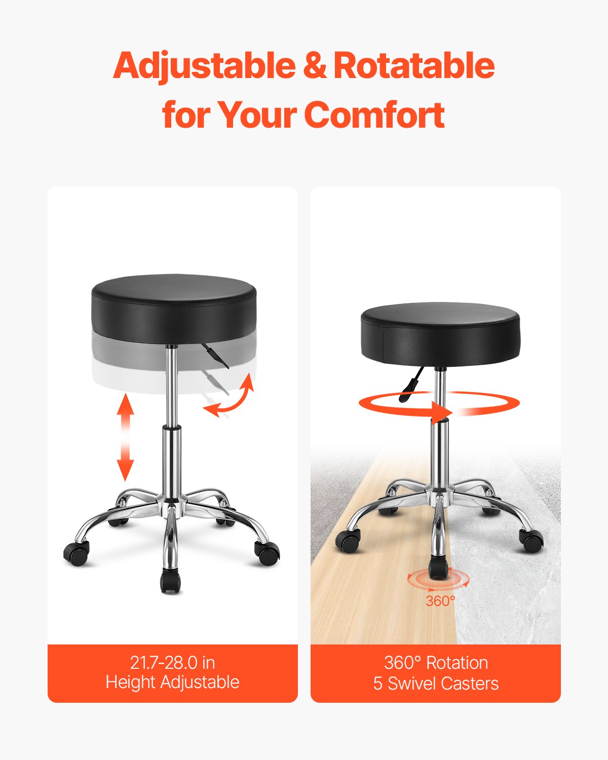 Rund Rullande Pall Svängbar Arbetspall med Hjul Höjdjusterbar Svart