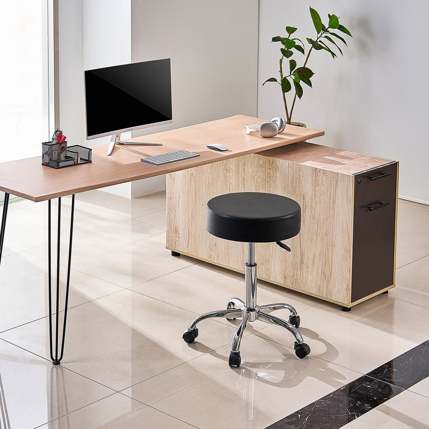 Rolling Stool with Wheels, 450 LBS Weight Capacity Round Rolling Stool Chair, Height Adjustable Thickened PU Leather Swivel Stool for Salon, Spa, Massage, Tattoo, Clinic, Black