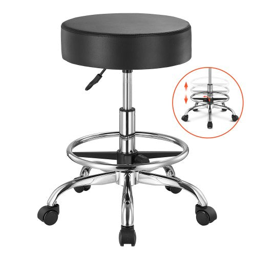 Rolling Stool with Foot Rest and Wheels, 450 LBS Weight Capacity Round Rolling Stool Chair, Height Adjustable Thickened PU Leather Swivel Stool for Salon, Spa, Massage, Tattoo, Clinic, Black