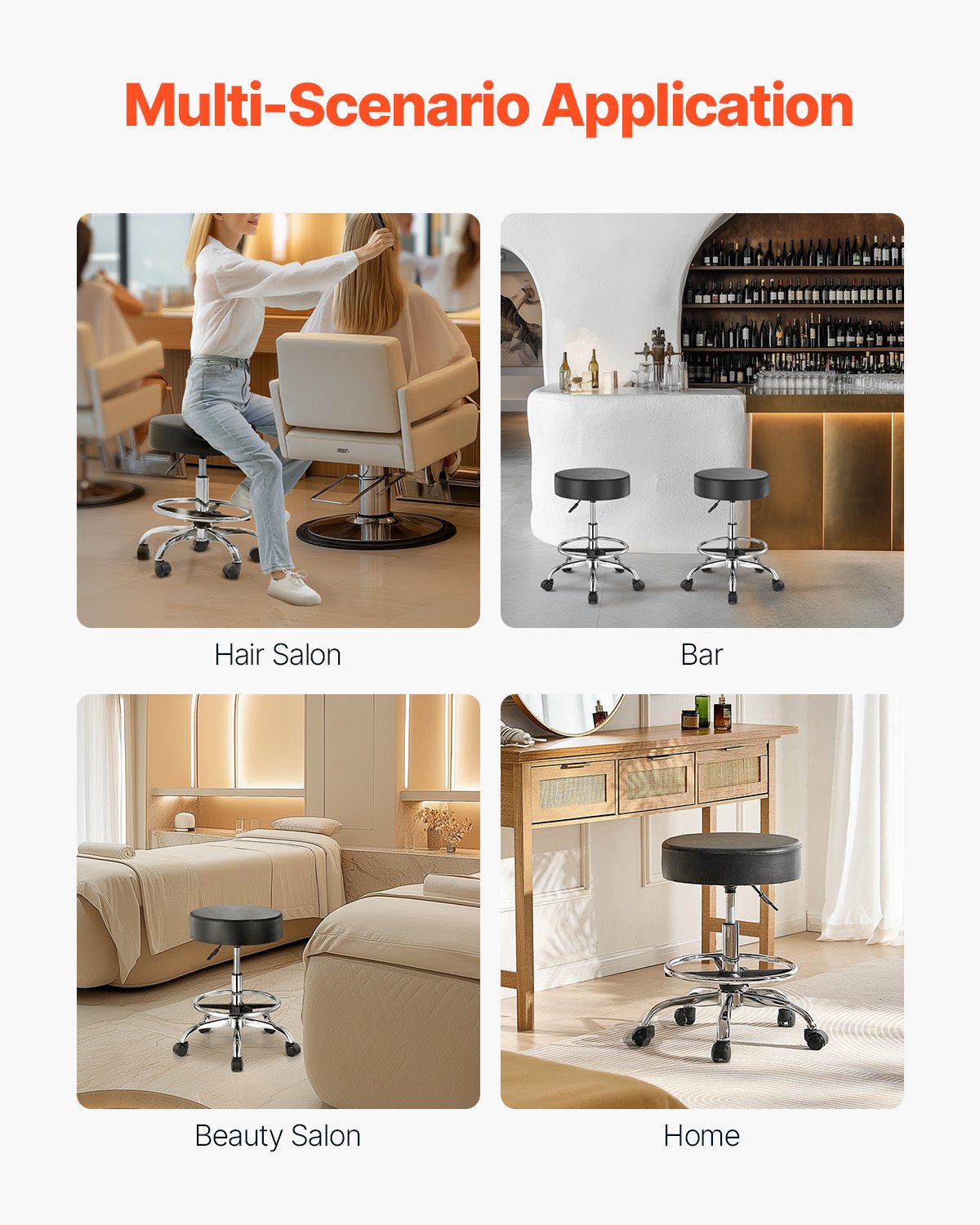 Round Rolling Pall Svängbar pall med hjul & fotstöd höjdjusterbar