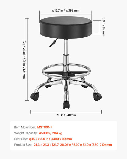 Round Rolling Pall Svängbar pall med hjul & fotstöd höjdjusterbar