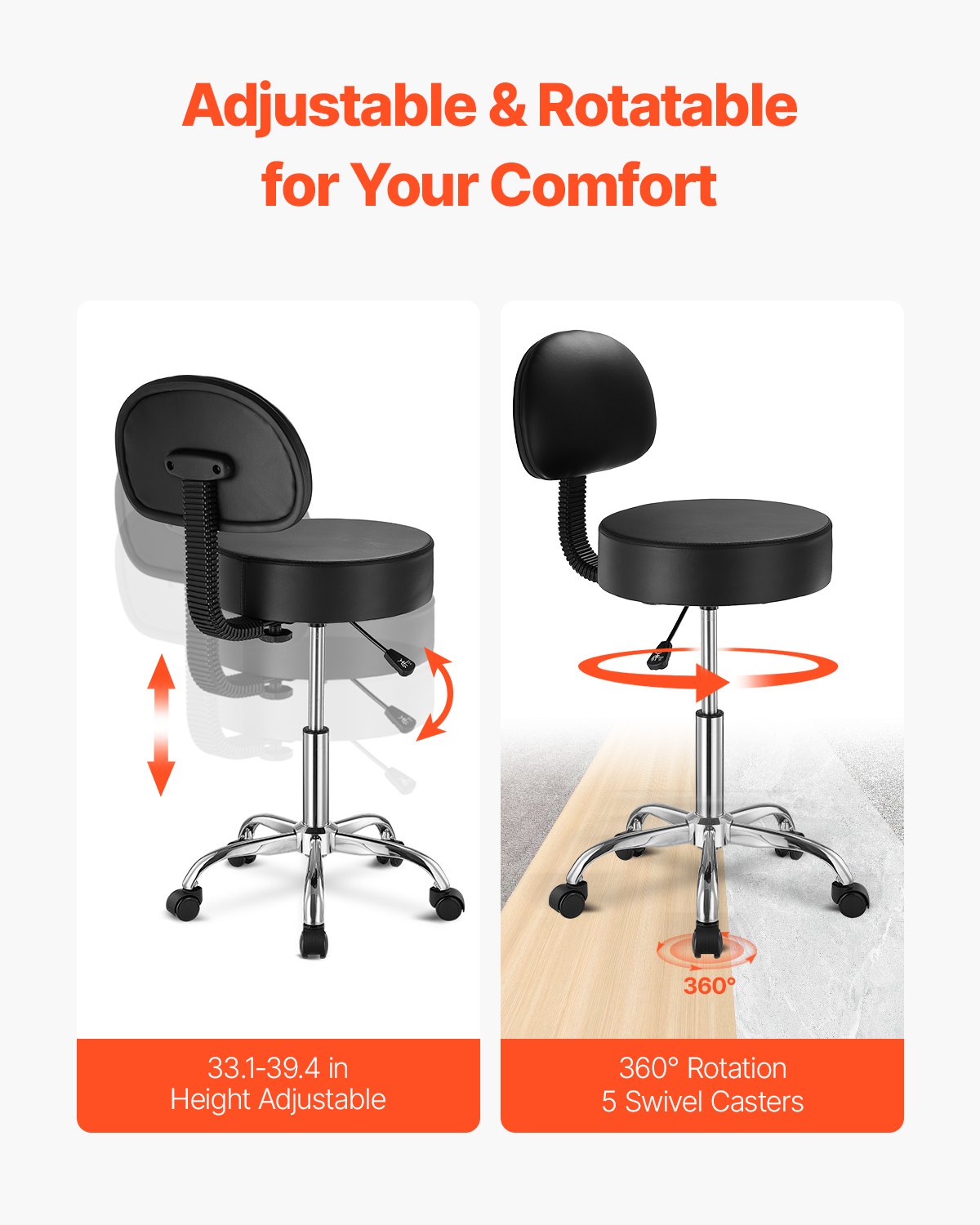 Rund Rullande Pall Svängbar pall med ryggstöd Höjdjusterbar Svart