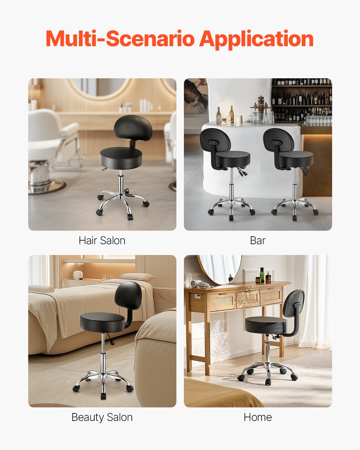 Rund Rullande Pall Svängbar pall med ryggstöd Höjdjusterbar Svart