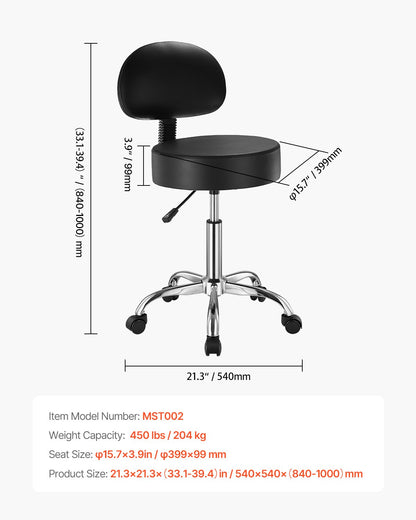 Rund Rullande Pall Svängbar pall med ryggstöd Höjdjusterbar Svart