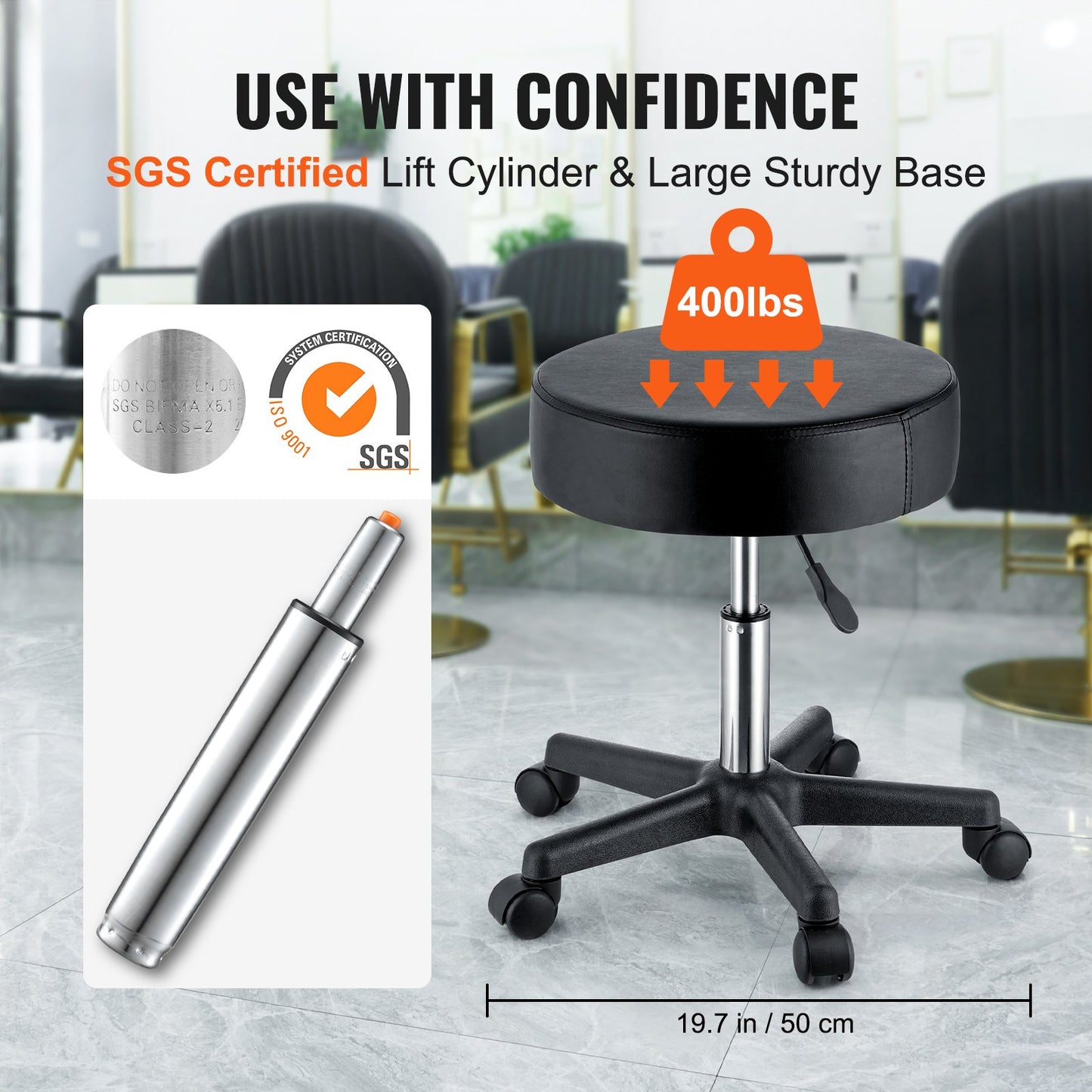 Rolling Stools with Wheels, 400 LBS Weight Capacity Adjustable Height Stool with Ultra-Thick Seat Cushion, Swivel Stools Chair for Salon, Bar, Home, Office, Tatoo, Medical, Massage, Black