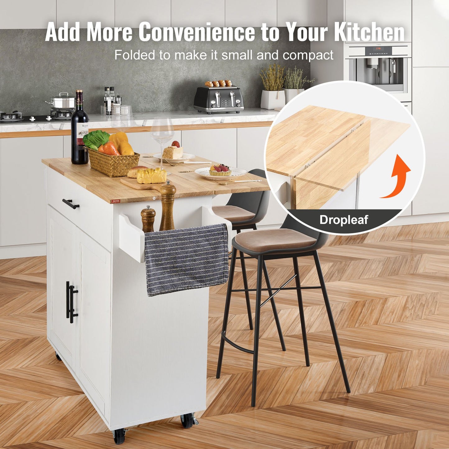 Kitchen Island Cart with Solid Wood Top, 35.4" Width Mobile Carts with Storage Cabinet, Rolling Kitchen Table with Spice Rack, Towel Rack, Drop Leaf and Drawer, Portable Islands on Wheels, White