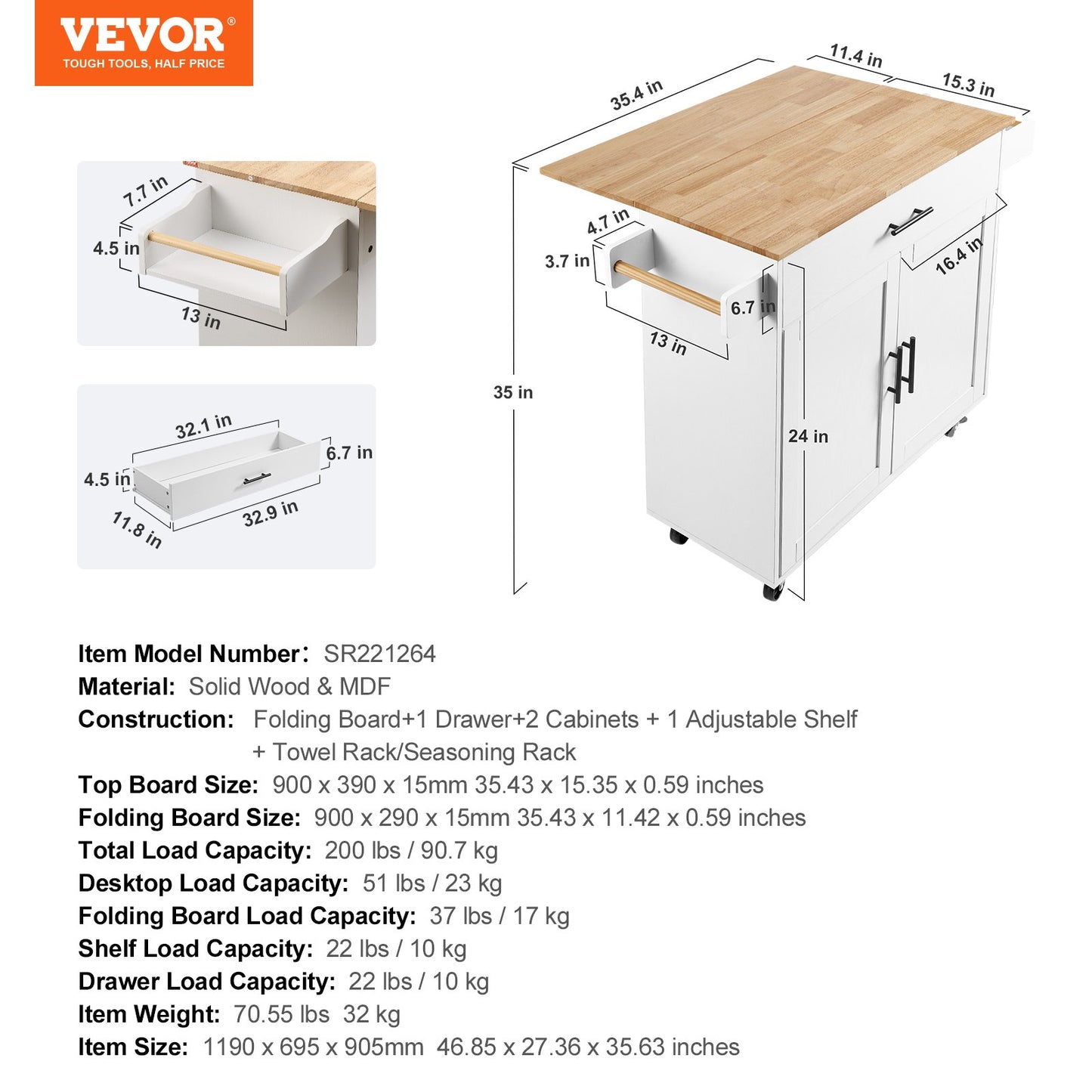 Kitchen Island Cart with Solid Wood Top, 35.4" Width Mobile Carts with Storage Cabinet, Rolling Kitchen Table with Spice Rack, Towel Rack, Drop Leaf and Drawer, Portable Islands on Wheels, White