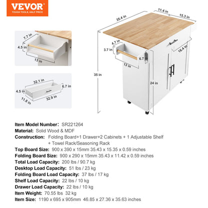 Kitchen Island Cart with Solid Wood Top, 35.4" Width Mobile Carts with Storage Cabinet, Rolling Kitchen Table with Spice Rack, Towel Rack, Drop Leaf and Drawer, Portable Islands on Wheels, White
