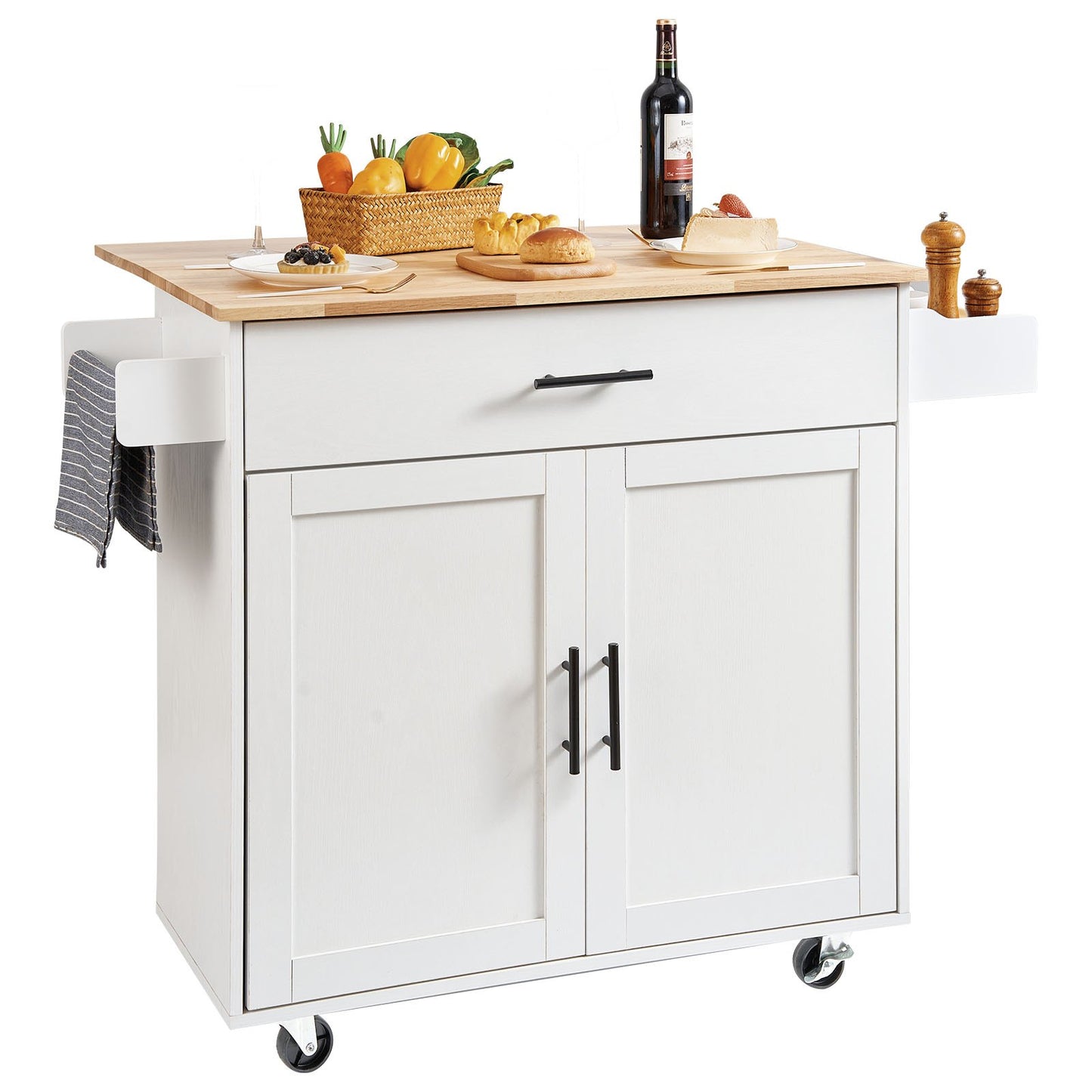 Kitchen Island Cart med massiv träskiva, 35,4" breda mobila vagnar med förvaringsskåp, rullande köksbord med kryddställ, handduksställ, Drop Leaf och låda, Portable Islands on Wheels, Vit