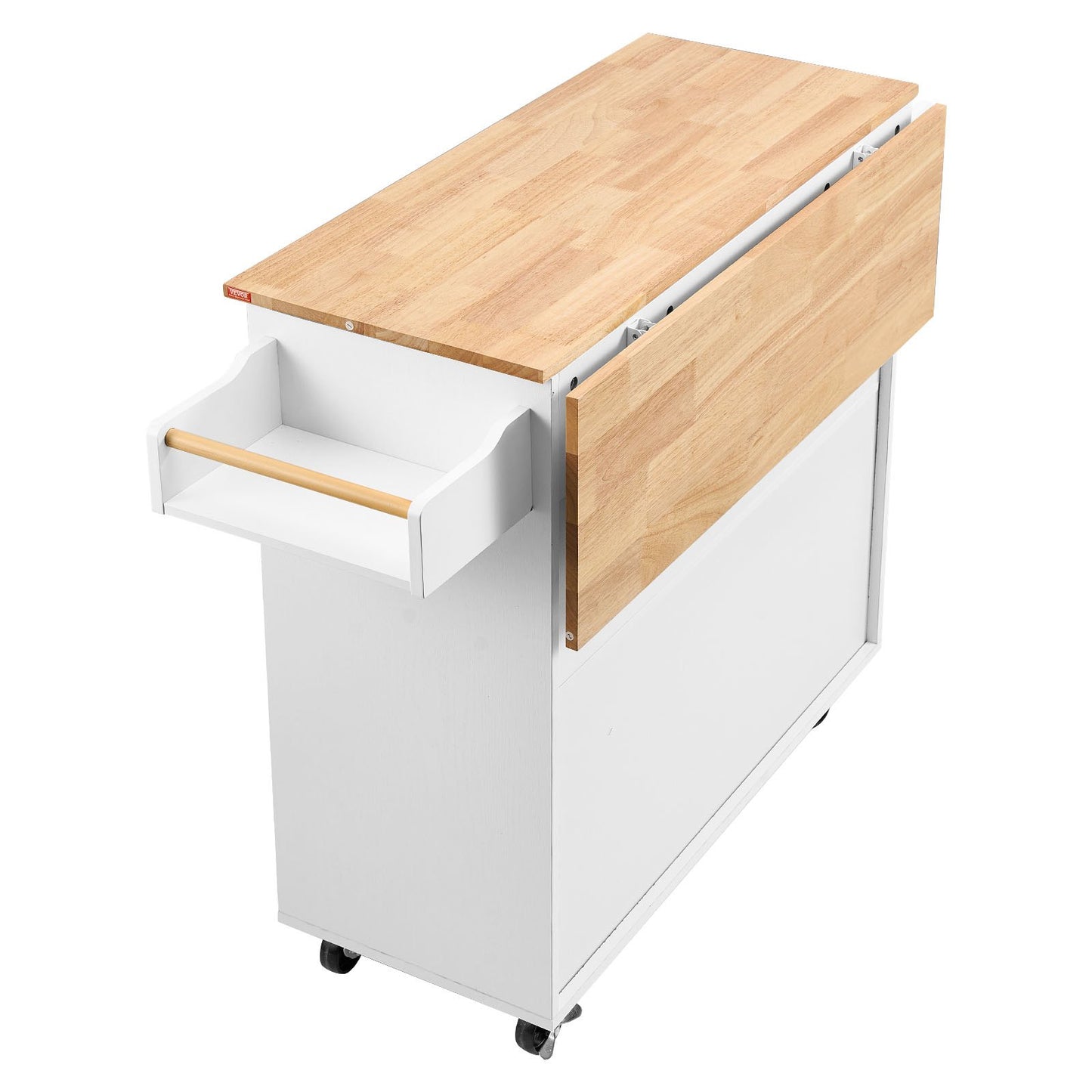 Kitchen Island Cart med massiv träskiva, 35,4" breda mobila vagnar med förvaringsskåp, rullande köksbord med kryddställ, handduksställ, Drop Leaf och låda, Portable Islands on Wheels, Vit