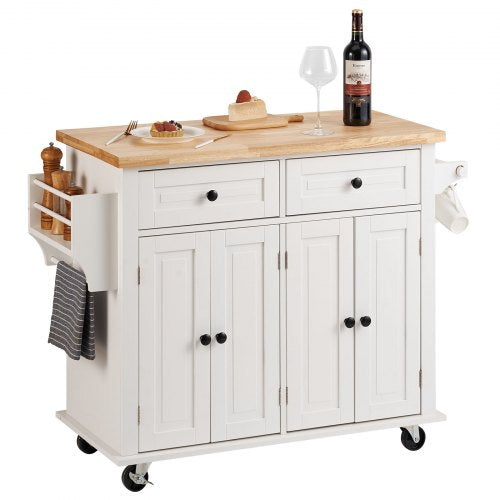 Kitchen Island Cart with Solid Wood Top, 35.4" Width Mobile Carts with Storage Cabinet, Rolling Kitchen Table with Spice Rack, Towel Rack, and Drawer, Portable Islands on Wheels, White