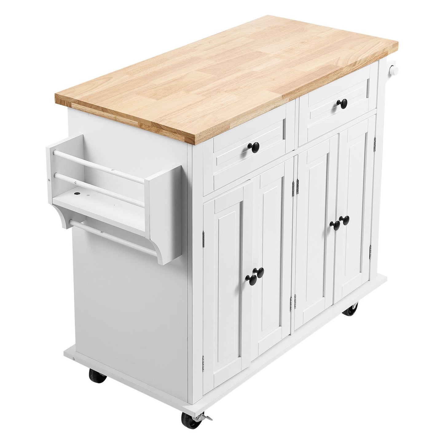 Kitchen Island Cart med massiv träskiva, 35,4" breda mobila vagnar med förvaringsskåp, rullande köksbord med kryddställ, handduksställ och låda, bärbara öar på hjul, vit