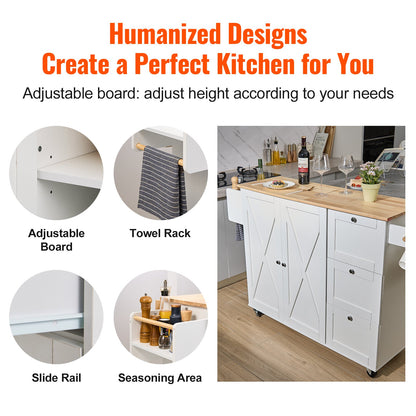 Kitchen Island Cart with Solid Wood Top, 45.3" Width Mobile Carts with Storage Cabinet, Rolling Kitchen Table with Spice Rack, Towel Rack, Drop Leaf and Drawer, Portable Islands on Wheels, White