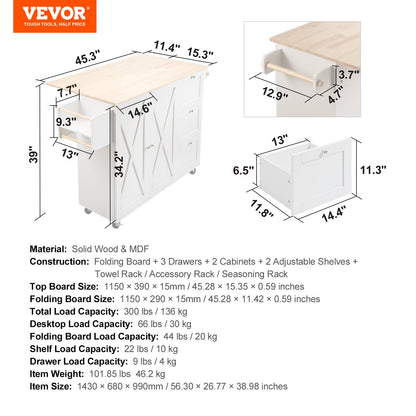 Kitchen Island Cart with Solid Wood Top, 45.3" Width Mobile Carts with Storage Cabinet, Rolling Kitchen Table with Spice Rack, Towel Rack, Drop Leaf and Drawer, Portable Islands on Wheels, White