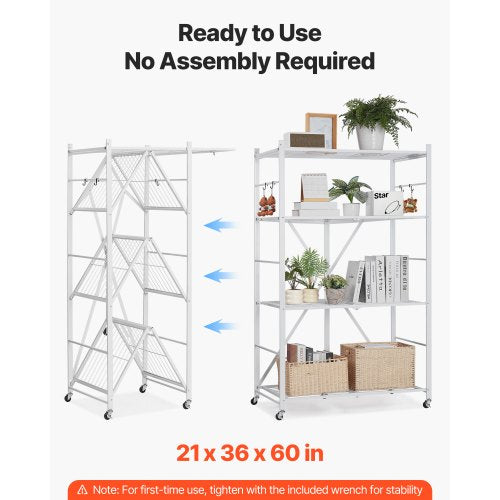 Foldable storage shelf with wheels 4 tiers, no assembly, white