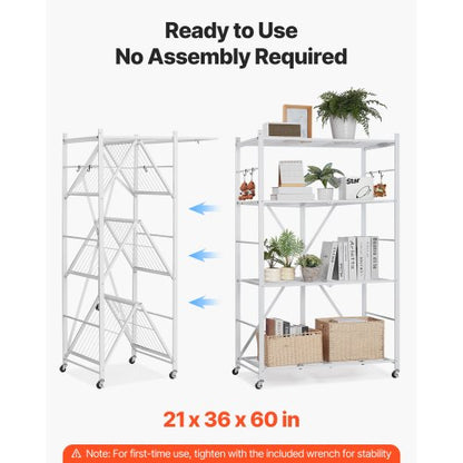 Foldable storage shelf with wheels 4 tiers, no assembly, white