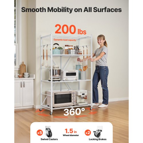 Foldable storage shelf with wheels 4 tiers, no assembly, white