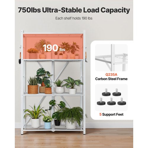 Foldable storage shelf with wheels 4 tiers, no assembly, white