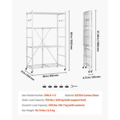 Foldable storage shelf with wheels 4 tiers, no assembly, white