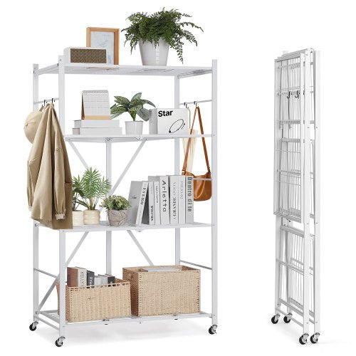Foldable storage shelf with wheels 4 tiers, no assembly, white