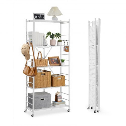 5-Tier Foldable Storage Shelf, 32W x 14D x 72H Inch Folding Metal Rack Shelving Unit, No Assembly Organizer Shelf with 5 Wheels & 4 Hooks for Pantry, Kitchen, Garage, Basement, White
