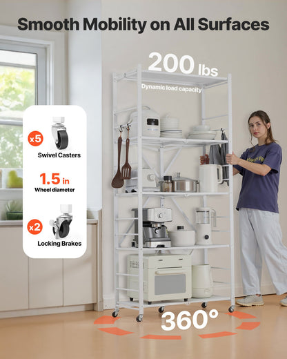 5-Tier Foldable Storage Shelf, 32W x 14D x 72H Inch Folding Metal Rack Shelving Unit, No Assembly Organizer Shelf with 5 Wheels & 4 Hooks for Pantry, Kitchen, Garage, Basement, White