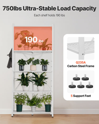 5-Tier Foldable Storage Shelf, 32W x 14D x 72H Inch Folding Metal Rack Shelving Unit, No Assembly Organizer Shelf with 5 Wheels & 4 Hooks for Pantry, Kitchen, Garage, Basement, White