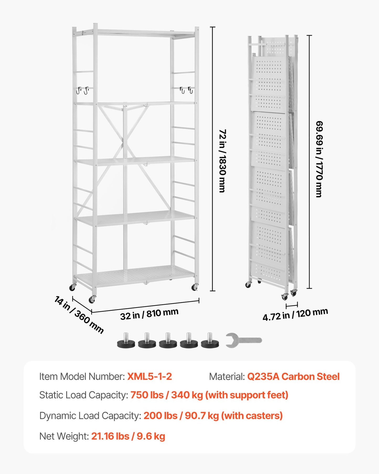 5-Tier Foldable Storage Shelf, 32W x 14D x 72H Inch Folding Metal Rack Shelving Unit, No Assembly Organizer Shelf with 5 Wheels & 4 Hooks for Pantry, Kitchen, Garage, Basement, White