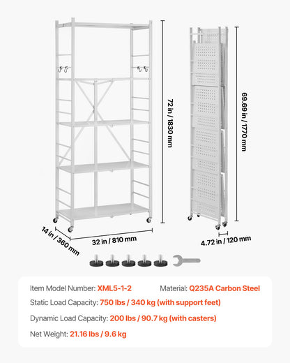 5-Tier Foldable Storage Shelf, 32W x 14D x 72H Inch Folding Metal Rack Shelving Unit, No Assembly Organizer Shelf with 5 Wheels & 4 Hooks for Pantry, Kitchen, Garage, Basement, White