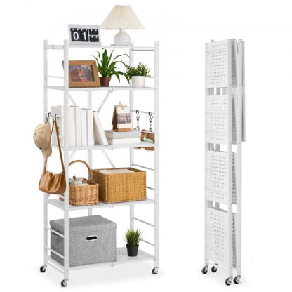 5-Tier Foldable Storage Shelf, 28 W x 15D x 64H Inch Folding Metal Rack Shelving Unit, No Assembly Organizer Shelf with 5 Wheels & 4 Hooks for Pantry, Kitchen, Garage, Basement, White