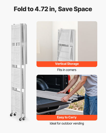 5-Tier Foldable Storage Shelf, 28 W x 15D x 64H Inch Folding Metal Rack Shelving Unit, No Assembly Organizer Shelf with 5 Wheels & 4 Hooks for Pantry, Kitchen, Garage, Basement, White