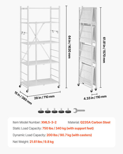 5-Tier Foldable Storage Shelf, 28 W x 15D x 64H Inch Folding Metal Rack Shelving Unit, No Assembly Organizer Shelf with 5 Wheels & 4 Hooks for Pantry, Kitchen, Garage, Basement, White