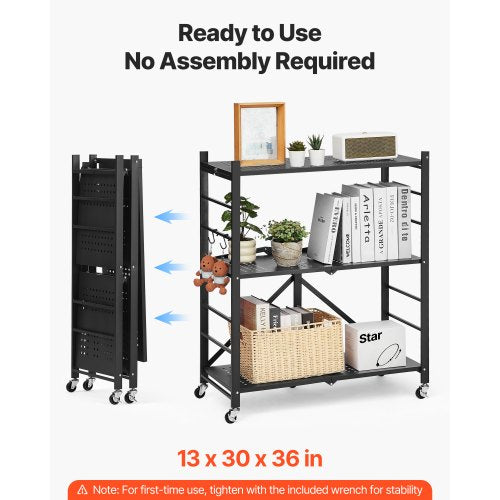 3-Tier Foldable Storage Shelf with Wheels 30 x 13 x 36 Inch Metal Shelf