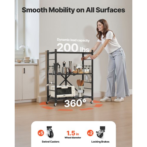 3-Tier Foldable Storage Shelf with Wheels 30 x 13 x 36 Inch Metal Shelf