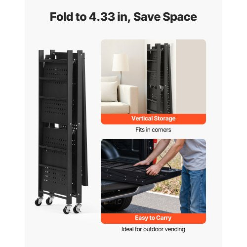 3-Tier Foldable Storage Shelf with Wheels 30 x 13 x 36 Inch Metal Shelf