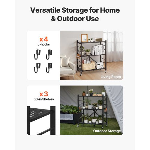 3-Tier Foldable Storage Shelf with Wheels 30 x 13 x 36 Inch Metal Shelf