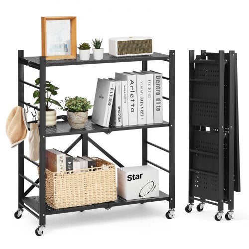 3-Tier Foldable Storage Shelf with Wheels 30 x 13 x 36 Inch Metal Shelf
