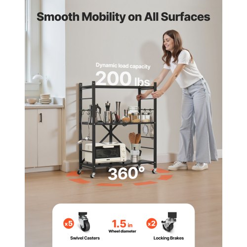 3-Tier Foldable Storage Shelf with Wheels 28 x 13 x 36 Inch Metal Shelf