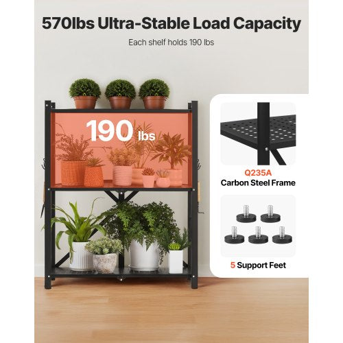 3-Tier Foldable Storage Shelf with Wheels 28 x 13 x 36 Inch Metal Shelf