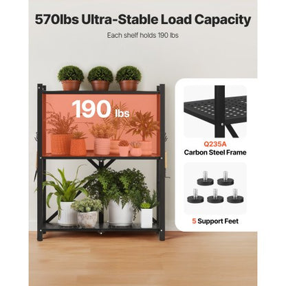 3-Tier Foldable Storage Shelf with Wheels 28 x 13 x 36 Inch Metal Shelf