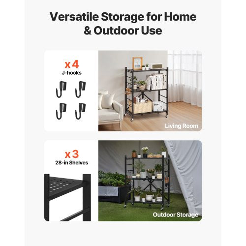 3-Tier Foldable Storage Shelf with Wheels 28 x 13 x 36 Inch Metal Shelf