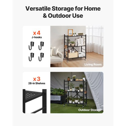 3-Tier Foldable Storage Shelf with Wheels 28 x 13 x 36 Inch Metal Shelf