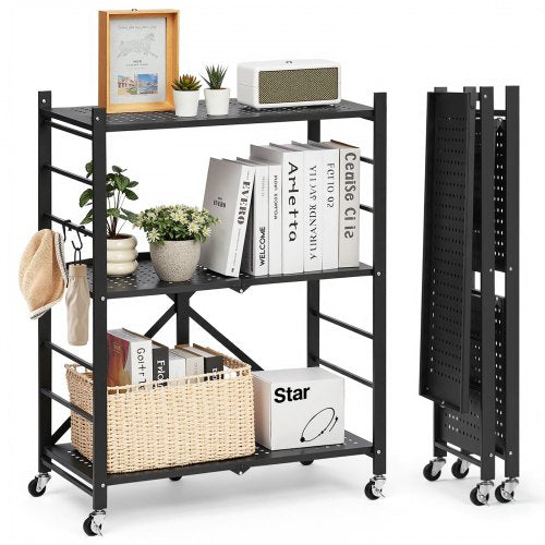 3-Tier Foldable Storage Shelf with Wheels 28 x 13 x 36 Inch Metal Shelf