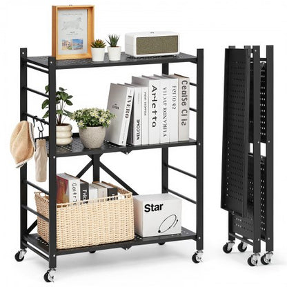 3-Tier Foldable Storage Shelf with Wheels 28 x 13 x 36 Inch Metal Shelf