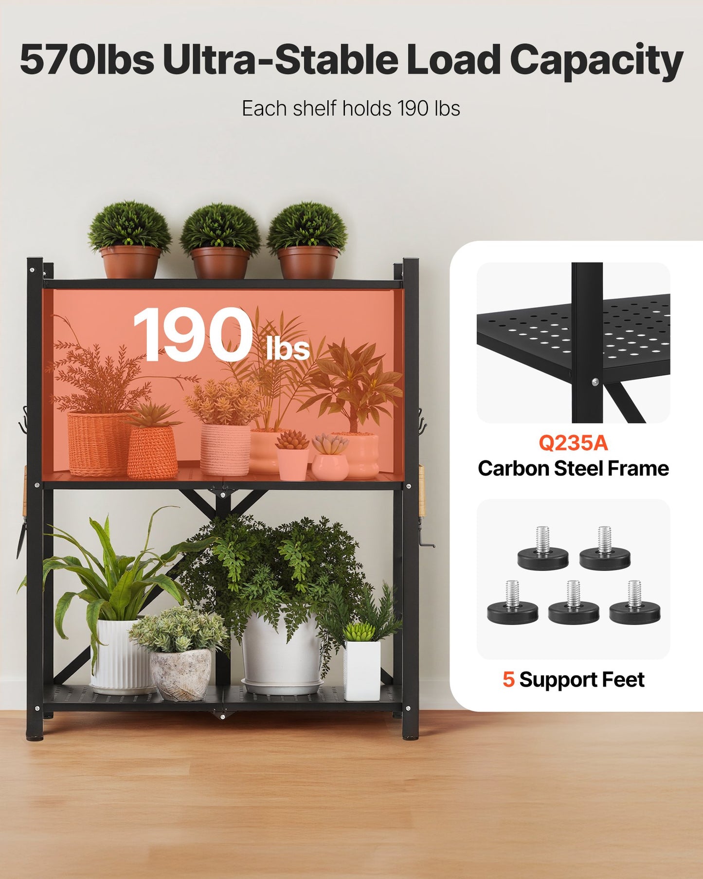 3-Tier Foldable Storage Shelf, 28W x 13D x 36H Inch Folding Metal Rack Shelving Unit, No Assembly Organizer Shelf with 5 Wheels & 4 Hooks for Pantry, Kitchen, Garage, Basement, Black